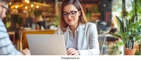 Woman Working on Laptop in Cafe