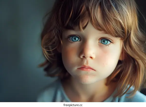 portrait of a cute caucasian child with blue eyes looking at the camera