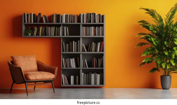 Modern Home Library with Orange Wall