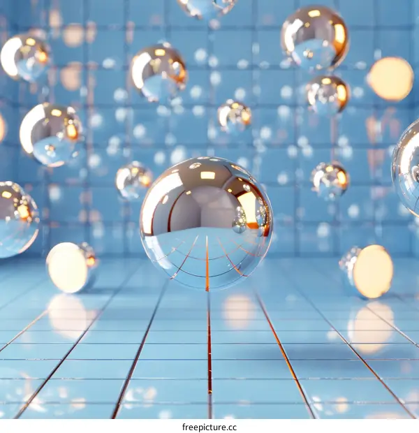 3D rendering of a blue room with reflective spheres