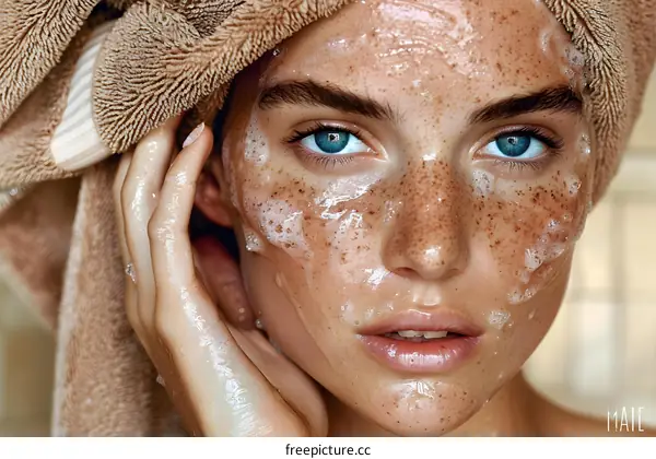 Portrait of a young woman with freckles on her face