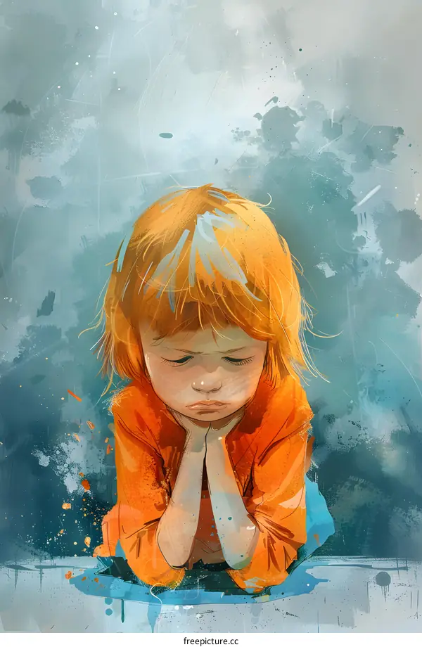 An illustration of a girl with orange hair and blue eyes. She is wearing an orange shirt and blue pants. She is sitting on a ledge with her hands together in her lap. Her head is down and she looks sad.