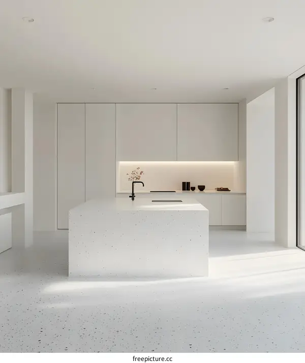 Modern White Kitchen Island with Terrazzo Flooring