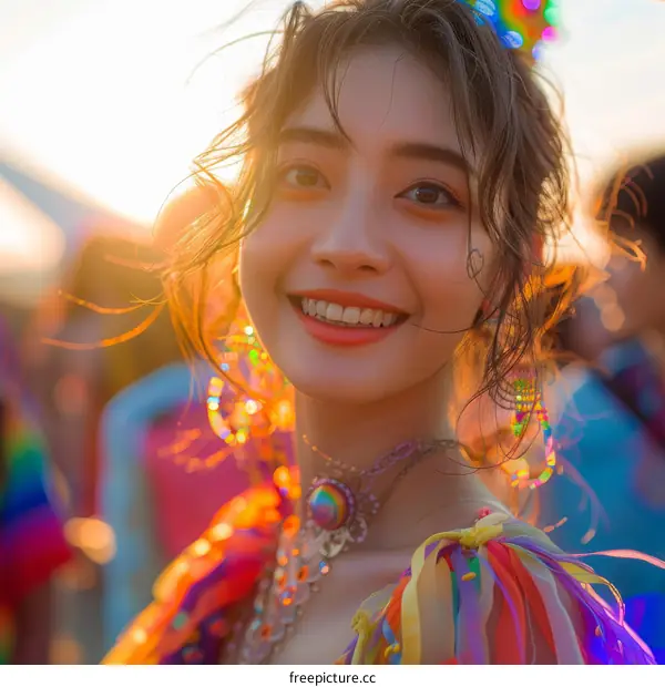 A young woman enjoys the festive atmosphere of the music festival