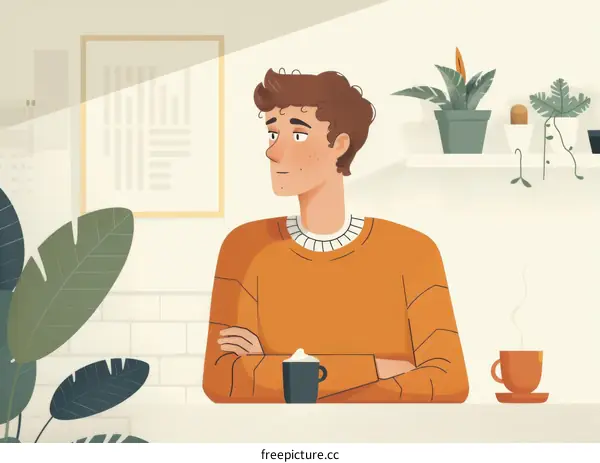 A young man is sitting in a cafe and looking out the window