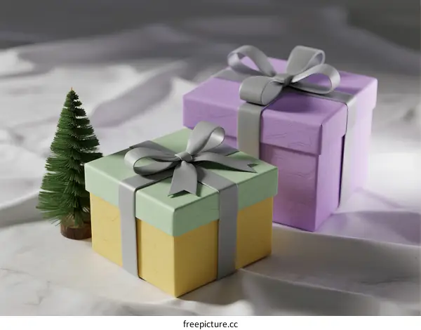 Colorful Gift Boxes with Ribbons and Small Christmas Tree Decoration
