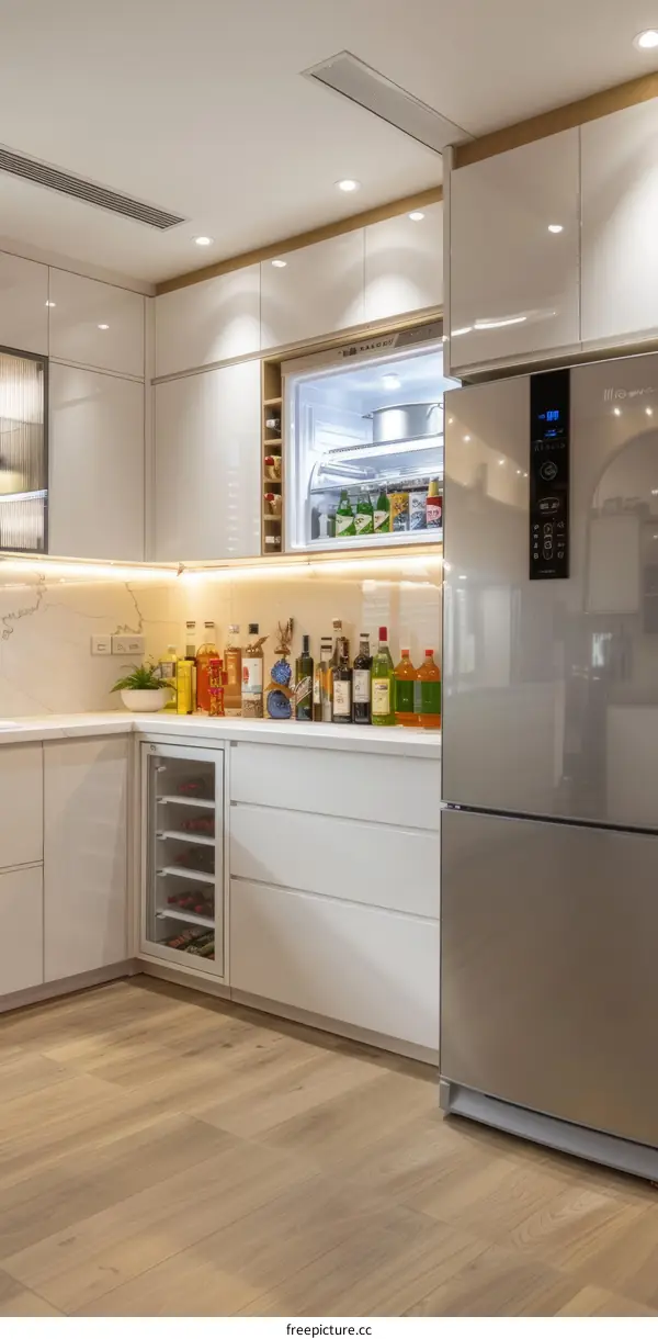 An elegant kitchen with a large fridge and a wine cooler