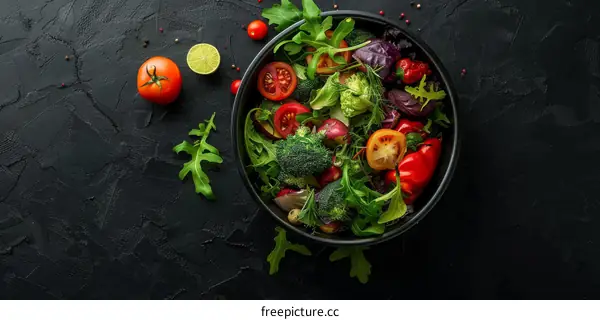 A vibrant array of fresh vegetables and fruits adorning a sleek black stone table