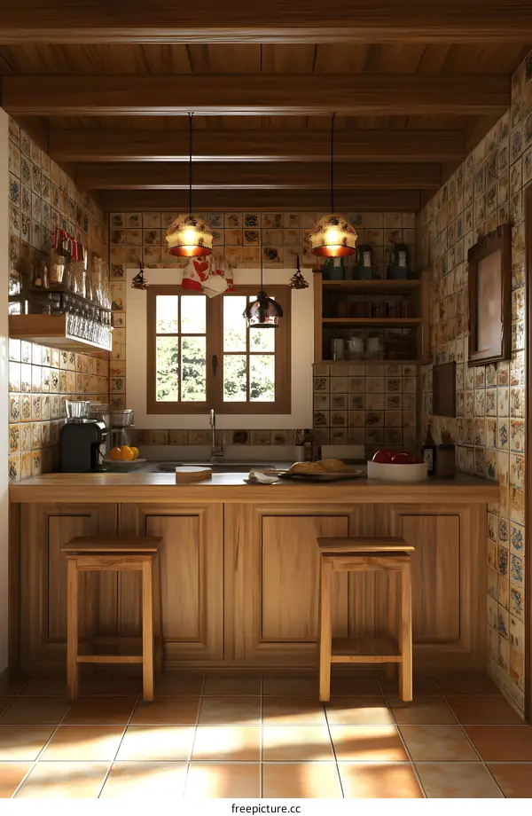Rustic Kitchen Interior Design with Wooden Cabinets and Tile Walls