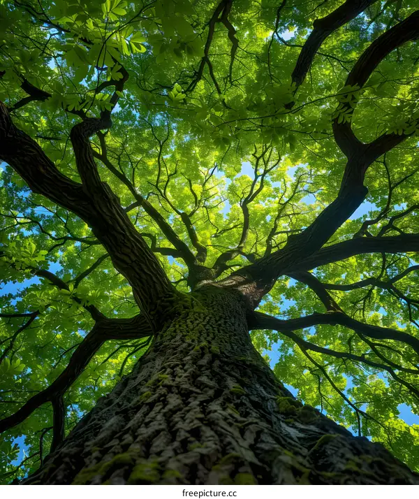 Looking up at the green canopy of a tree