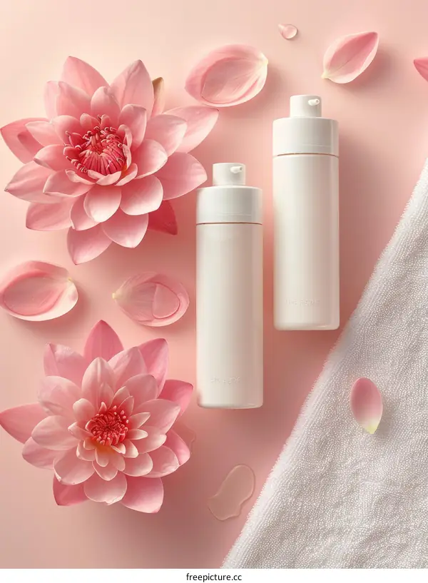 Two bottles of face cream with lotus flowers