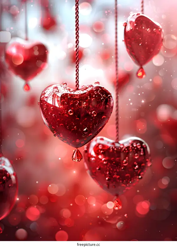 Red glass hearts hanging on strings with blurred red background