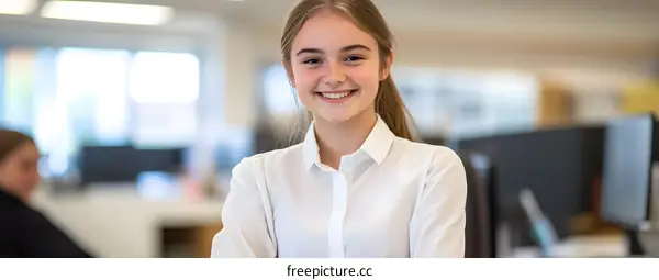 Smiling Young Woman in White Shirt at Work