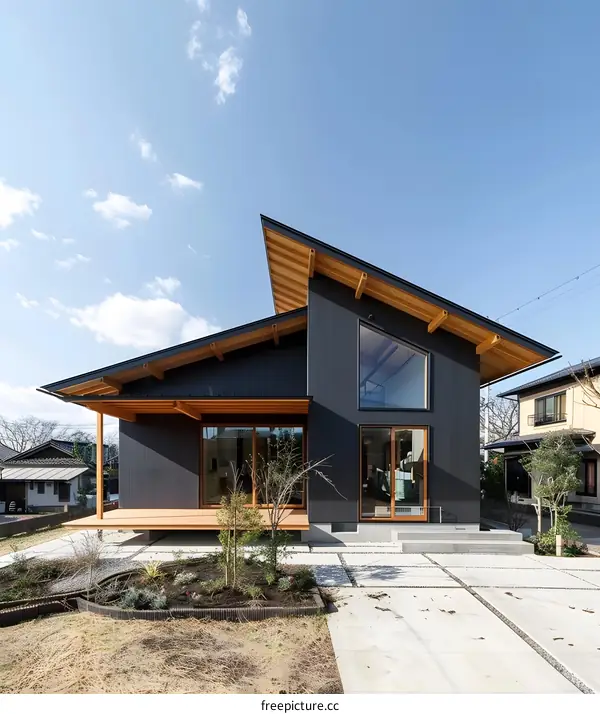 Modern Black and Wood House with Large Windows