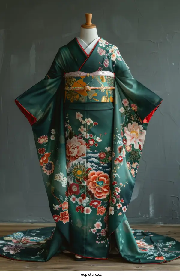 A woman wearing a green kimono with red and pink floral patterns