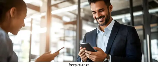 Two Business Professionals Using Mobile Phones in Office Setting