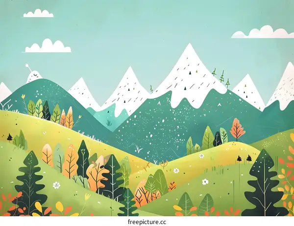 Green and White Mountains with Snow Illustration