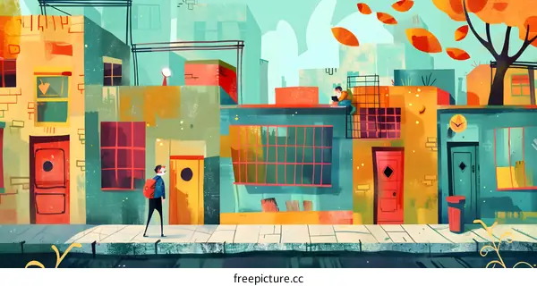 People Walking on a City Street with Colorful Buildings