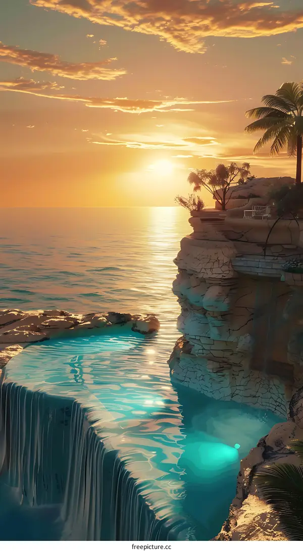 Sunset over Ocean Cliff with Waterfall and Palm Tree
