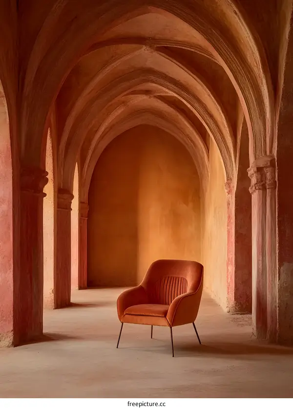 Orange Velvet Chair in a Hallway with Arched Ceiling