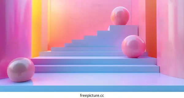 Surreal Modern Geometric Digital Art Rendering with Pink and Blue Spheres and Stairs