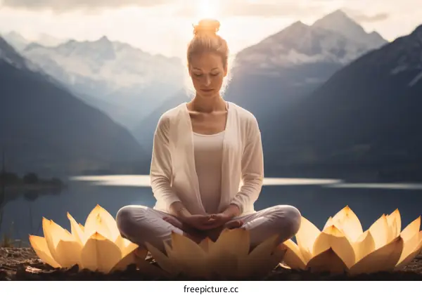 Young woman in white clothes sitting on lotus flowers and meditating in front of a mountain lake during sunset