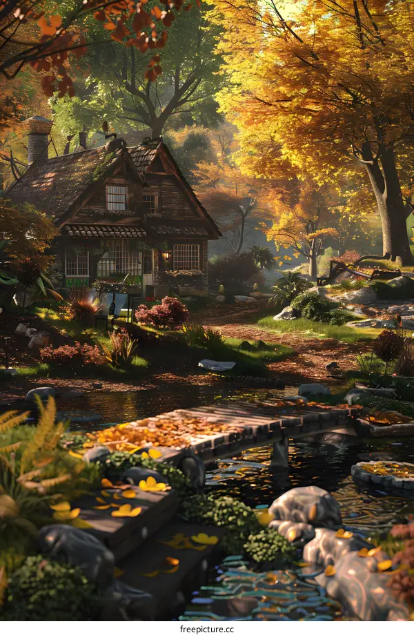 Autumn Cottage in Forest with Small Bridge and Pond