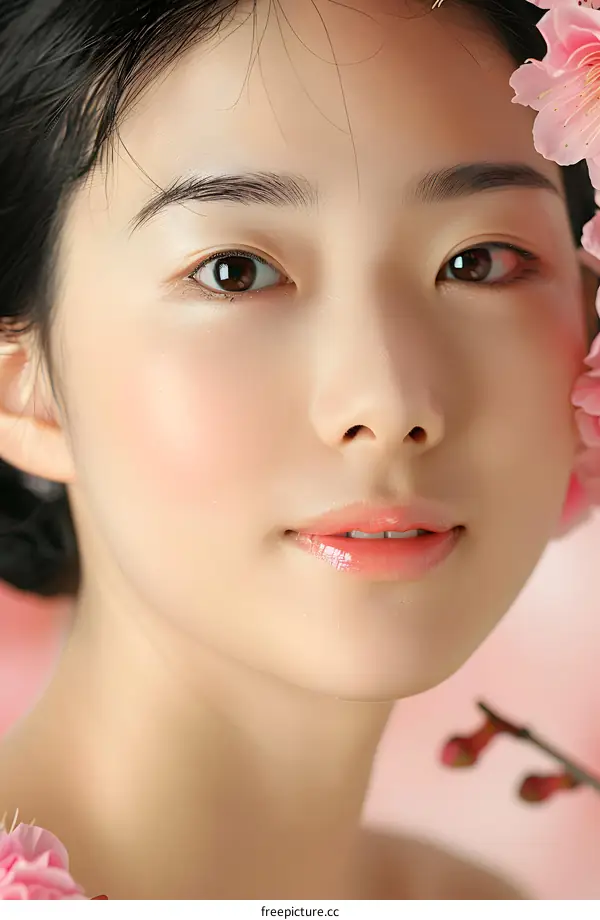 Asian Woman with Cherry Blossom Flowers