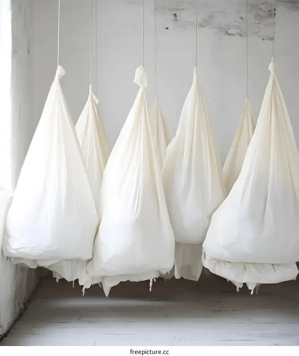 White Fabric Bags Hanging From Ceiling In Minimalist White Room