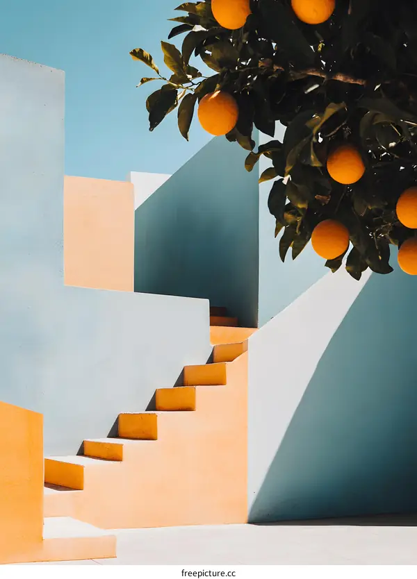 Orange Tree Overlooking Colorful Staircase