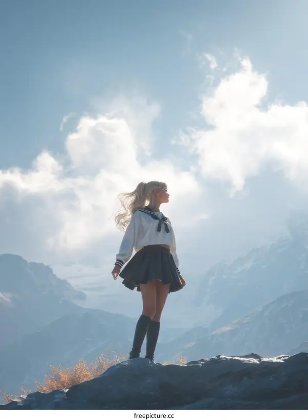 A Girl in School Uniform Standing on a Mountaintop Under a Cloudy Sky