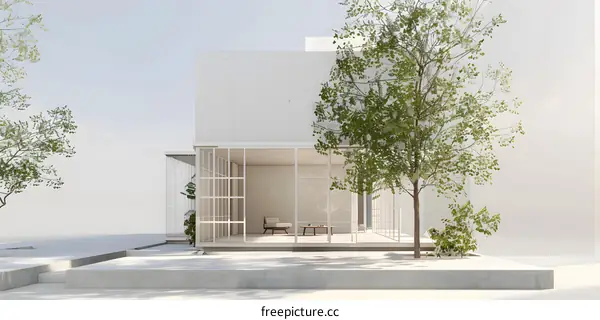 Minimalist Modern House Exterior with Patio and Trees