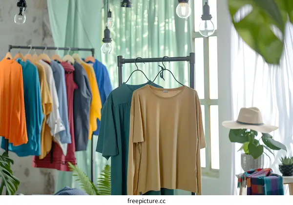 Clothes Hanging On A Rack In A Room With Green Curtains
