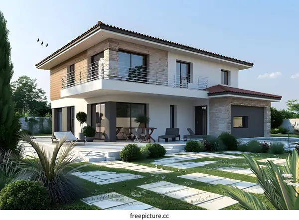 Modern Two-Story Home with Pool and Lush Landscaping