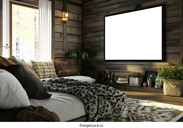 Rustic Cabin Bedroom Interior Design With Large Blank Canvas