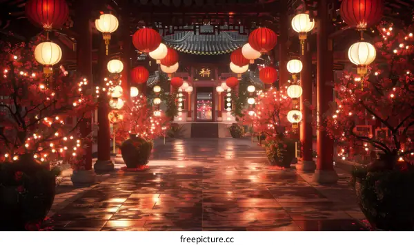 Chinese Style Corridor with Red Lanterns and Night Lights