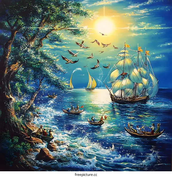 Sailing Ship at Sunset with Boats and Birds