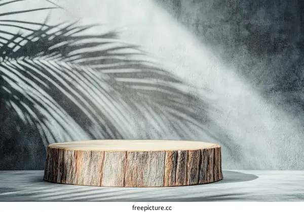 Wooden Stump Display Podium with Palm Leaf Shadow