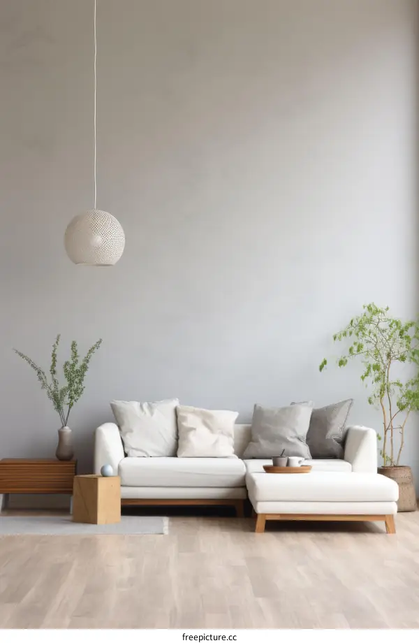Airy and bright living room with a comfortable white sectional sofa