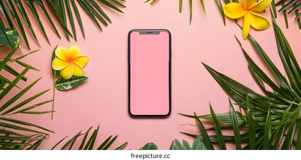 Pink Background with Tropical Leaves and a Smartphone