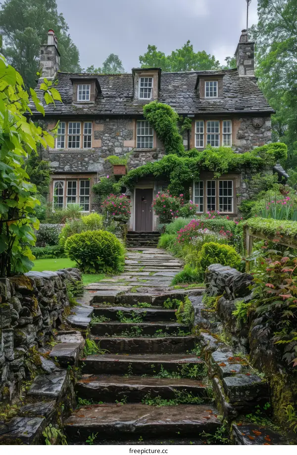 Stone cottage with a garden full of flowers