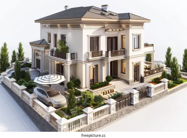 3D Rendering of White Three-Story Villa