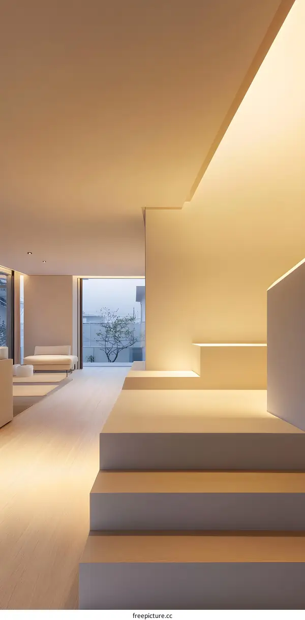 Modern Minimalist Interior Design with Wooden Floor and White Stairs