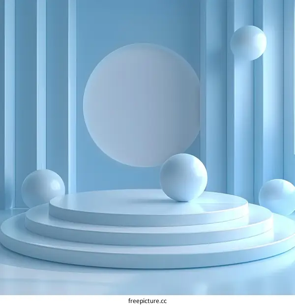 3D Rendering of a Blue Podium with a Circle Backdrop and Spheres