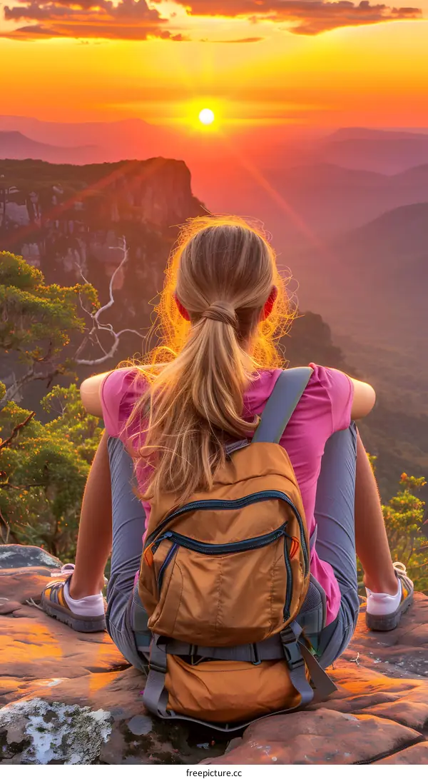 Woman Sitting on Mountain Top with Backpack Watching Sunset