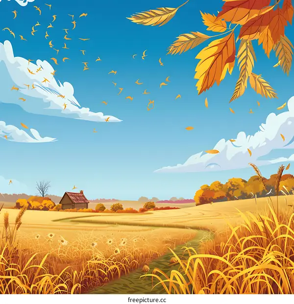 Autumn Landscape with Golden Fields and Birds Flying