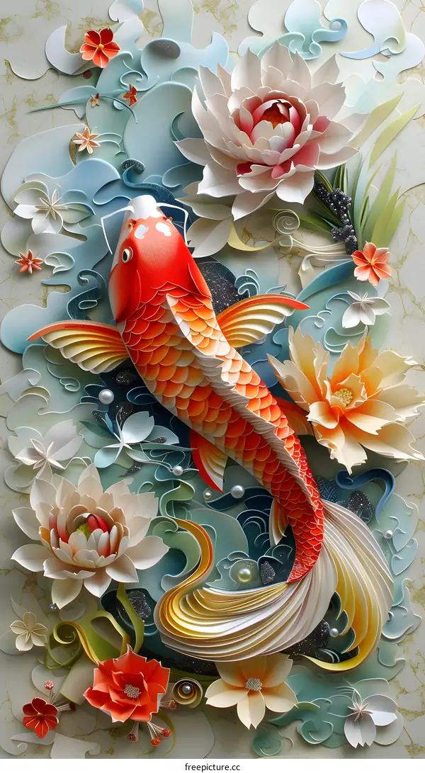 Paper Art Koi Fish with Lotus Flowers