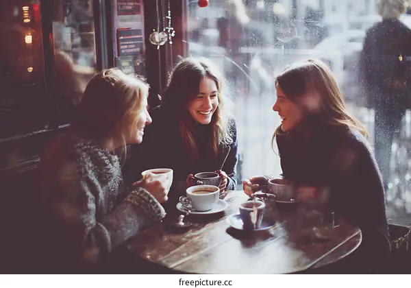 Three Caucasian Women Enjoying Coffee in a Cozy Cafe