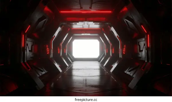 Futuristic Sci-fi Corridor with Red Neon Lights and Bright End