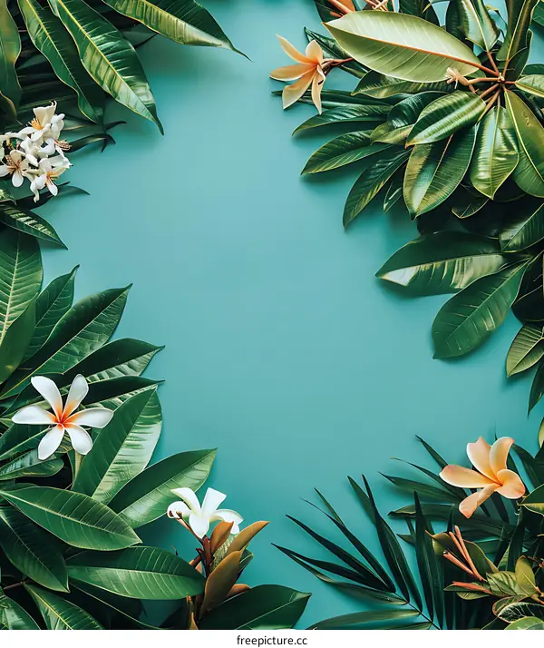 Tropical Leaves and Flowers on Blue Background